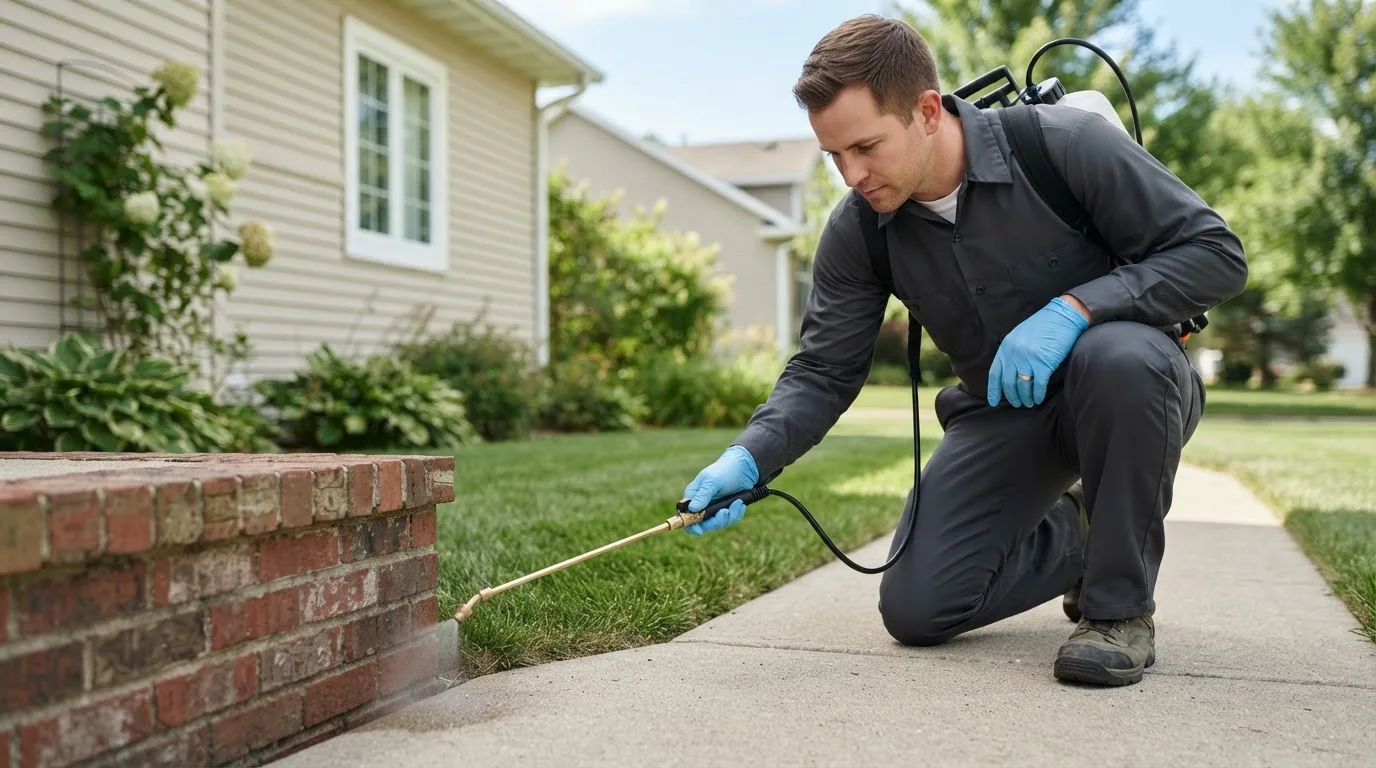 Pest control technician treating a home near Sutton, VT